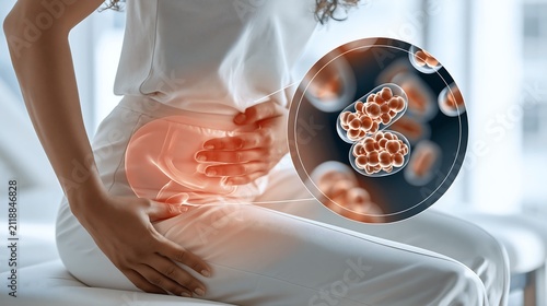 Woman holding painful abdomen with enlarged Cyclospora cayetanensis oocysts illustration, concept of intestinal parasite infection, digestive illness and foodborne disease