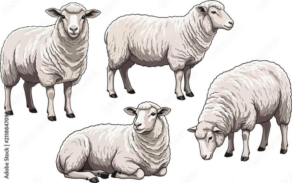 Obraz premium vector illustration clipart of sheep with 4 poses semi realistic art style