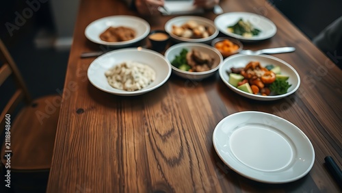 A single white plate set apart from shared dishes on a wooden table.