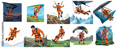Fotografie Extreme Air Sports Illustration Set Featuring Hang Gliding, Paragliding, and Sky