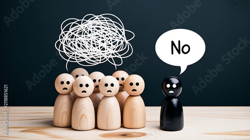 Negative thinking concept with confused group and one saying no representing rejection and decision making