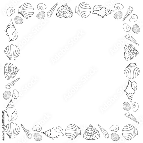 Square frame made of outline different seashells. Vector marine border hand drawn in doodle style, isolated on white background. Suitable for summer design, kids activity or coloring book