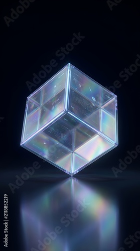 Abstract glowing blue crystal cube 3D geometric rendering with sharp reflections and futuristic neon light effect