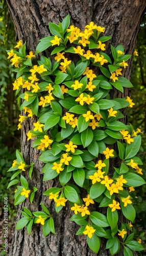 Vibrant green leaves with yellow flowers entwined around a tree trunk, ||jungle, scenery
