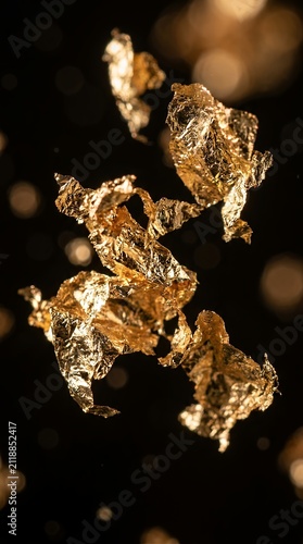 Abstract gold metal flakes floating in dark space cinematic slow motion texture background reflection luxury effect