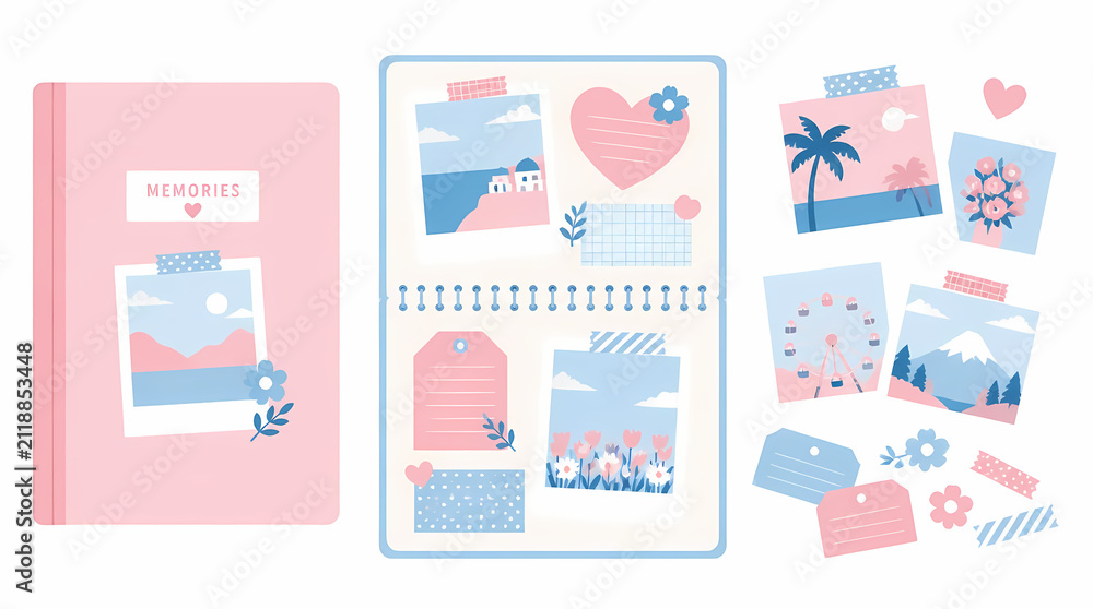 Fototapeta premium Memory Journal with Stickers and Decorative Elements for Personalized Note-Taking in a Soft Pastel Color Scheme