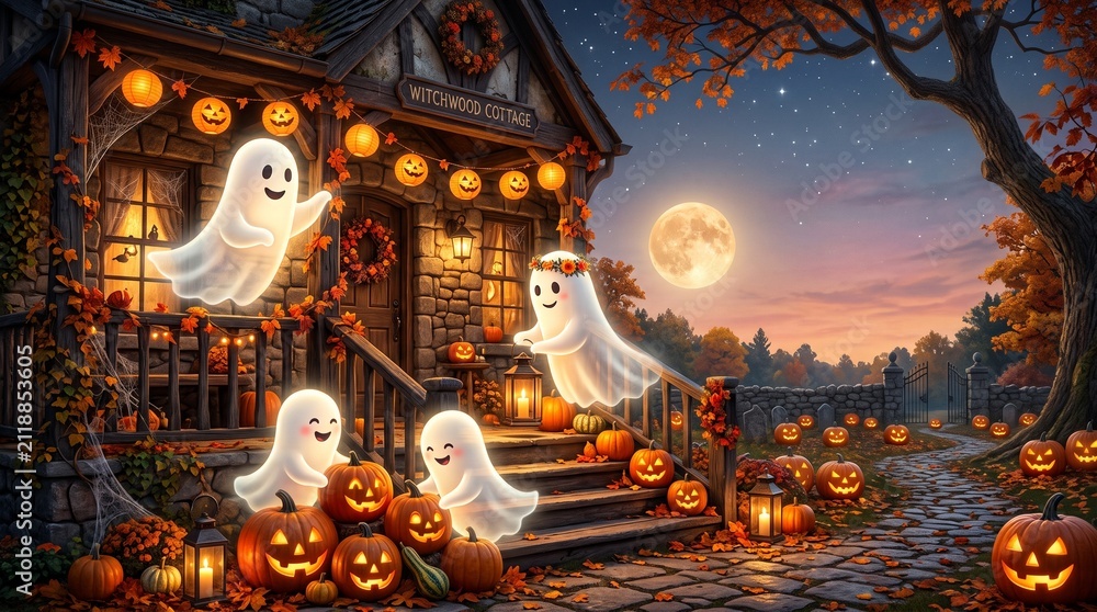 Fototapeta premium Enchanting Halloween Night Celebration Friendly Ghosts, Glowing Jack-o'-Lanterns, and Autumn Decorations Adorn a Cozy Home Under a Bright Full Moon