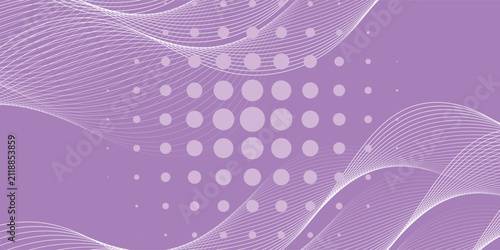 Purple abstract flowing wave lines with halftone vector background, modern smooth curves minimal technology design