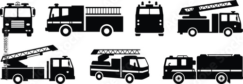Cuadro en lienzo Assortment of black silhouette depicting fire trucks from various angles and con