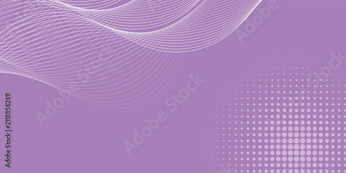 Purple abstract flowing wave lines with halftone vector background, modern smooth curves minimal technology design