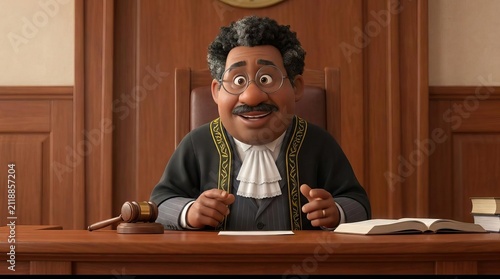 African American judge presiding in 3D courtroom.