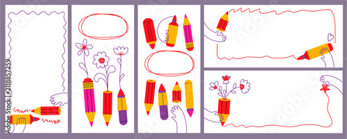 Collection of colorful back to school banner templates featuring pencils, markers, crayons, doodle hands, playful frames and copy space. Perfect for education promotions, classroom posters
