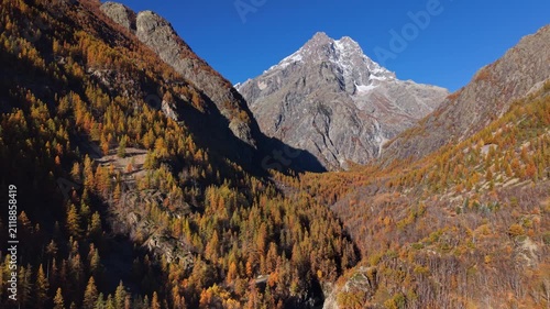 Mont Pelvoux in Ecrins National Park with Ailefroide Valley in autumn. Aerial view of the French Alps mountain peaks with golden forest of larch trees. Hautes-Alpes, Vallouise, France