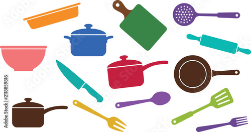 Colorful Kitchen Tools and Cookware Icon Set Featuring Pots Pans Knife Cutting Board Rolling Pin and Spatula for Recipe Blogs Cooking Menus and Culinary Graphic Designs