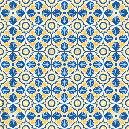 Elegant seamless geometric tile pattern inspired by Mediterranean and Portuguese azulejo ceramics. Decorative blue and yellow floral ornament on a light cream background. Perfect for wallpaper, fabric