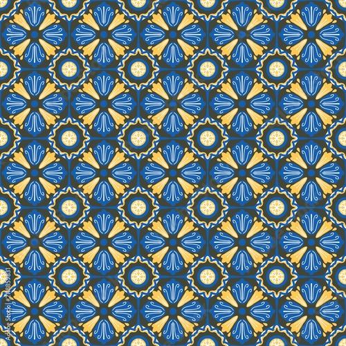 Elegant seamless geometric tile pattern inspired by Mediterranean and Portuguese azulejo ceramics. Decorative blue and yellow floral ornament on a light cream background. Perfect for wallpaper, fabric