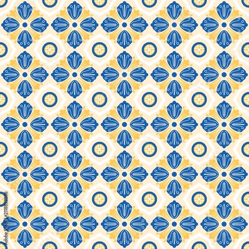 Classic blue and yellow seamless ornamental pattern with floral geometric elements inspired by vintage ceramic tiles. High-quality repeating vector-style background suitable for fabric, home decor, wr