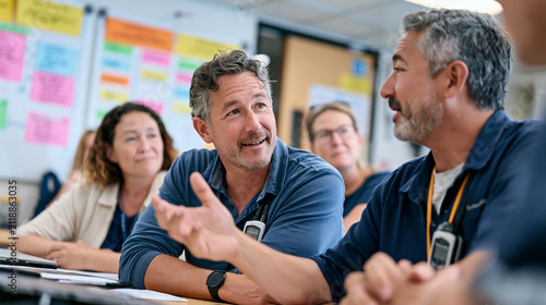 Sailing instructors of varied ages gathered in a hospital meeting room reviewing training adaptations, diverse team dynamic, fluorescent charts on wall showing POTS dizziness management protocols, o