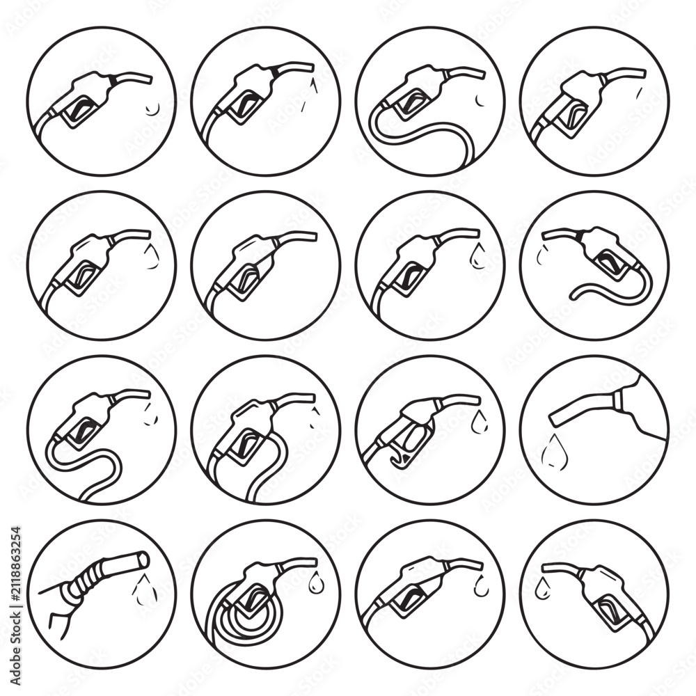 Fototapeta premium Gas pump nozzles in circular icons showing various angles and hose configurations for fuel dispensing
