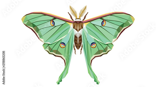 Decorative Green Luna Moth Vector Illustration in Low Poly Geometric Art Style with Long Tails on White Background
