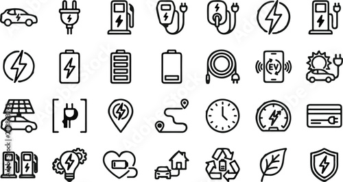Set of electric vehicle charging station icons and sustainable energy symbols in a clean line art style
