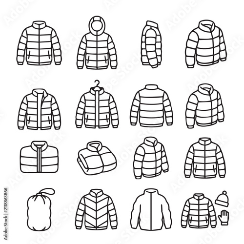 Puffer jacket collection in line art style showing various views and accessories for winter apparel design