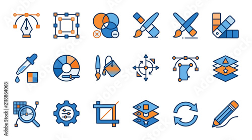 A collection of graphic design and digital art tool icons, featuring elements like pen tools, brushes, color palettes, layers, and selection tools.