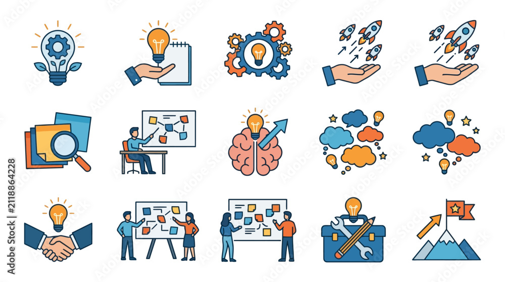 Fototapeta premium Flat vector illustration set of startup brainstorming session with creative ideas, business growth and strategic planning for editorial use