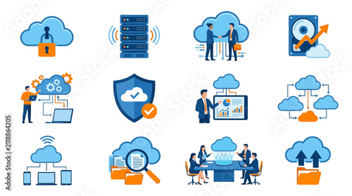 Modern flat vector illustration of cloud computing and data storage services, business professionals using digital technology, blue and orange colors