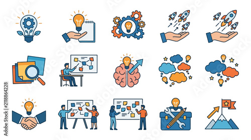 Flat vector illustration set of startup brainstorming session with creative ideas, business growth and strategic planning for editorial use