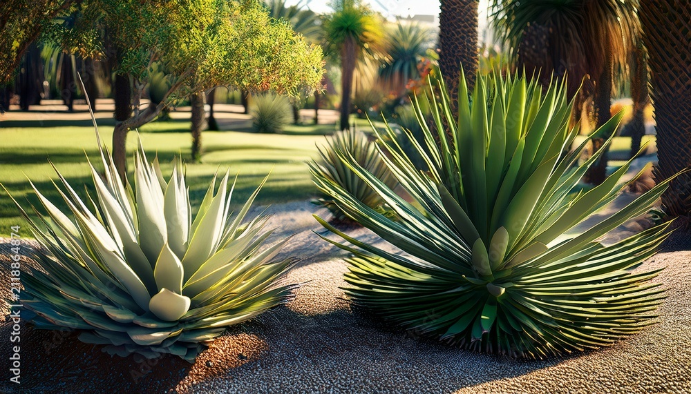 Fototapeta premium landscape design yucca trees agave and cacti grow in city park beauty in nature tropical succulents in sunny summer day close up