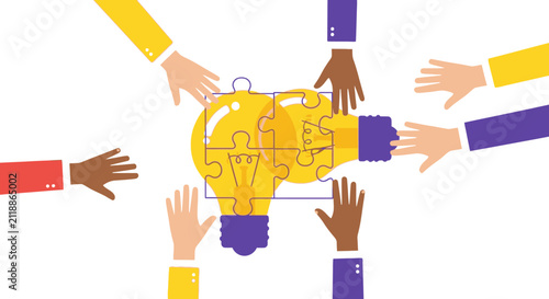 Diverse Hands Assembling Lightbulb Puzzle for Teamwork and Innovation Concept - Flat Vector Illustration