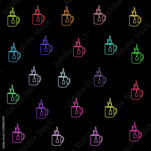 Colorful Neon Tea Mug Icons with Tea Bag Set Isolated on Black Background