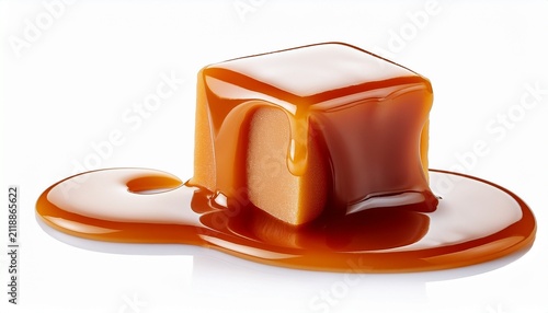 caramel sauce flowing on caramel cube isolated on white background