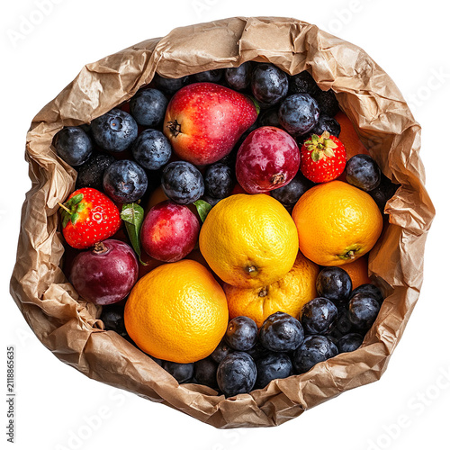 Top view fresh mixed fruits in paper bag isolated on transparent background