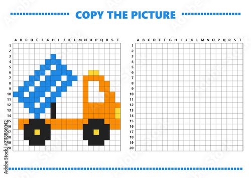 Colorful pixel art of a truck with blue cargo on grid paper  