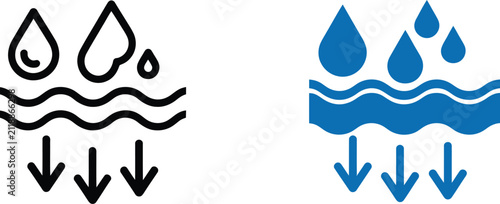 Foto Water infiltration icon set featuring groundwater absorption, hydrology, natural water cycle, and ecological sustainability symbols in minimal outline style