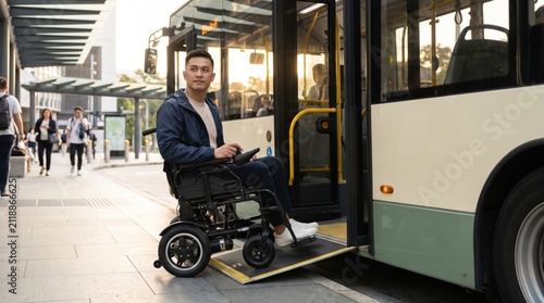 Young Asian man steers a powered wheelchair onto a deployed boarding ramp beside a quiet battery transit bus at sunset, showing autonomous travel, universal access and cleaner public mobility