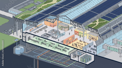 Modern eco friendly industrial facility with green roof design.