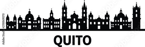 Foto Quito skyline silhouette, black city buildings outline with colonial church towe