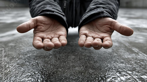 Poverty homeless begging hands help support compassion hope donation street Human hands held open plea wet street showing poverty homeless begging hands help support compassion and hope