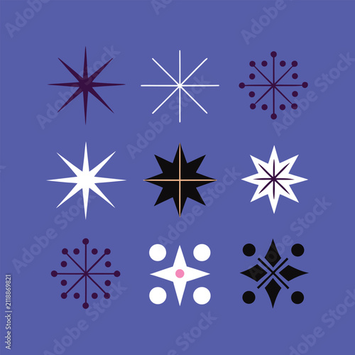 Retro mid-century starburst icons, set of 9 vintage atomic age star and sparkle vectors, minimalist geometric celestial shapes for holiday branding