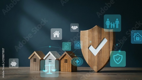 Wooden house models and protection shield with glowing digital insurance on wooden surface