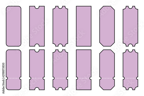 Twelve blank lavender ticket templates with perforated lines and various rounded corner shapes