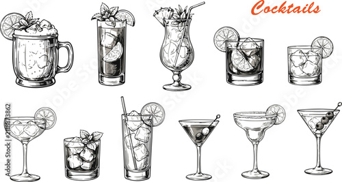 Collection of hand drawn cocktail and alcoholic beverage illustrations in vintage ink sketch style with cocktail beverage refreshment illustration mixology