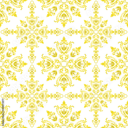 Premium Gold Baroque Damask Seamless Ornament Pattern with Symmetrical Arabesque Floral Design