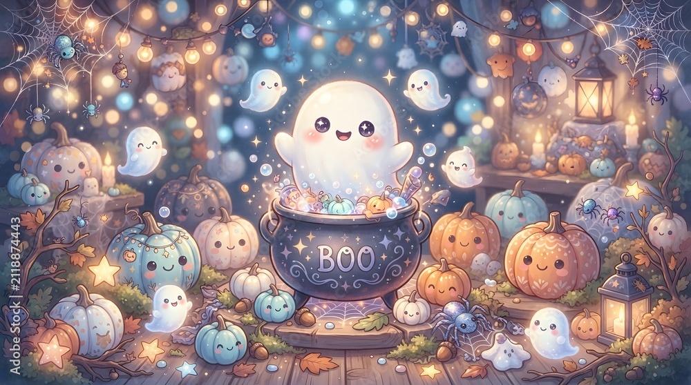 Obraz premium Cute cartoon ghost with pumpkins and cauldron