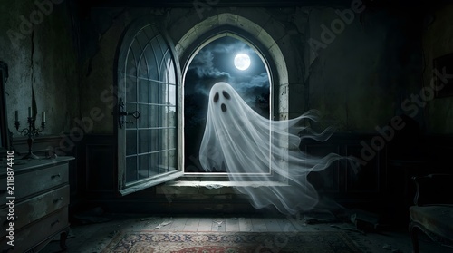 Eerie ghost floating in a dark, abandoned room by moonlight