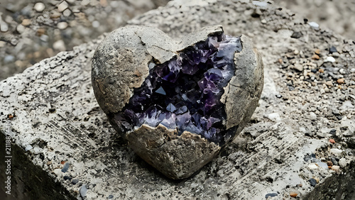 Heart shaped amethyst geode crystal resting on rough concrete surface with semi precious amethyst gemstone concrete spirituality decorative collection aesthetic