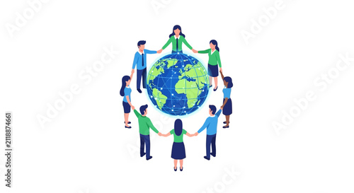 Global Teamwork and Networking Concept: Diverse People Holding Hands Around World Globe Isometric Illustration